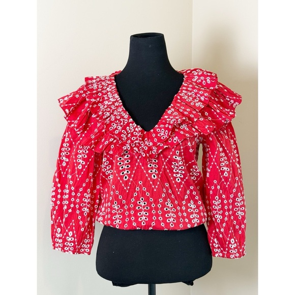 Zara red openwork embroidered ruffle blouse top S - Picture 3 of 8